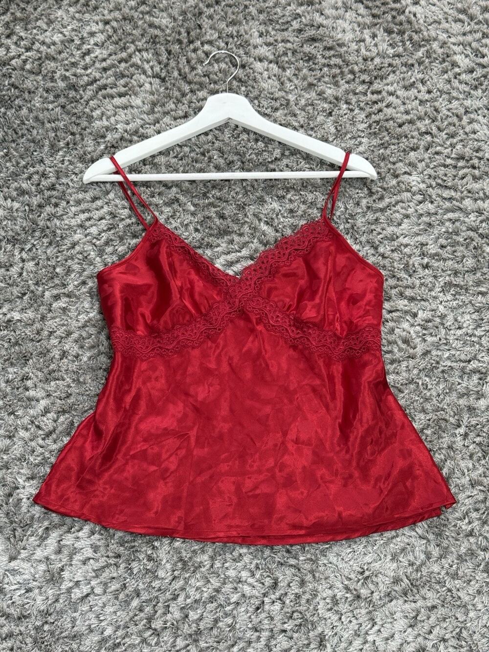 Jaclyn Smith Womens Red Heart Satin Camisole Top Lace Trim Sleepwear Tank Cami M